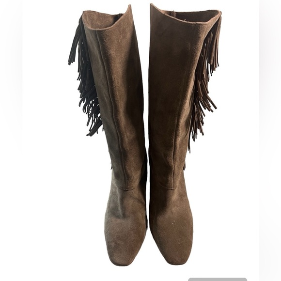 Vince Camuto Sterla Suede Tuscan Taupe Fringe Mid Calf Block Heel Boots Sz 10 - Picture 4 of 5